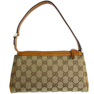 Gucci Brown Handbag GG Leather Tan Canvas Beige